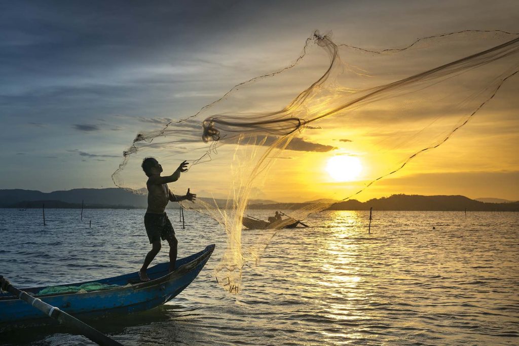 Fisherman casting net as sunsets in the background